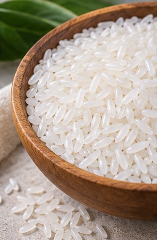 Pure Bites rice grains in a wooden bowl